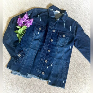Indigo Thread Semi-Distressed Oversized Trucker Denim Jacket - XS